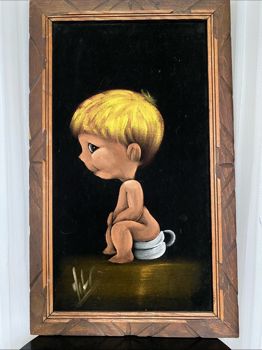 Vintage 60’s Velvet Figurative Painting of Child on Chamber Pot - Blonde Hair